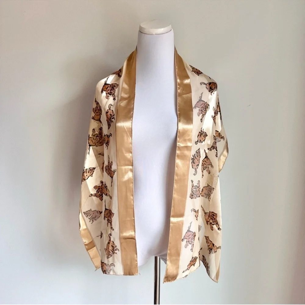 Metallic Gold Cream Chiffon Satin Silky Cat Print Scarf